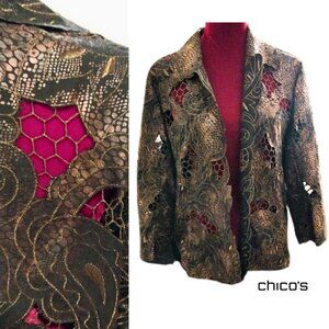 Chico’s Size 2 Open Fretwork Embroidered Topper Jacket Women’s Large Size 12